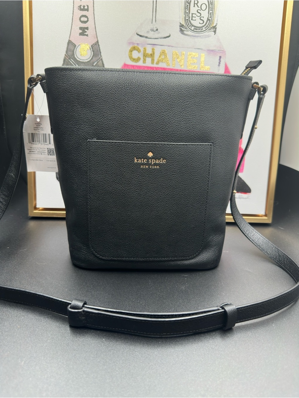 NWT Kate Soade Black Pebbled Leather Crossbody Bucket Bag with Gold Logo